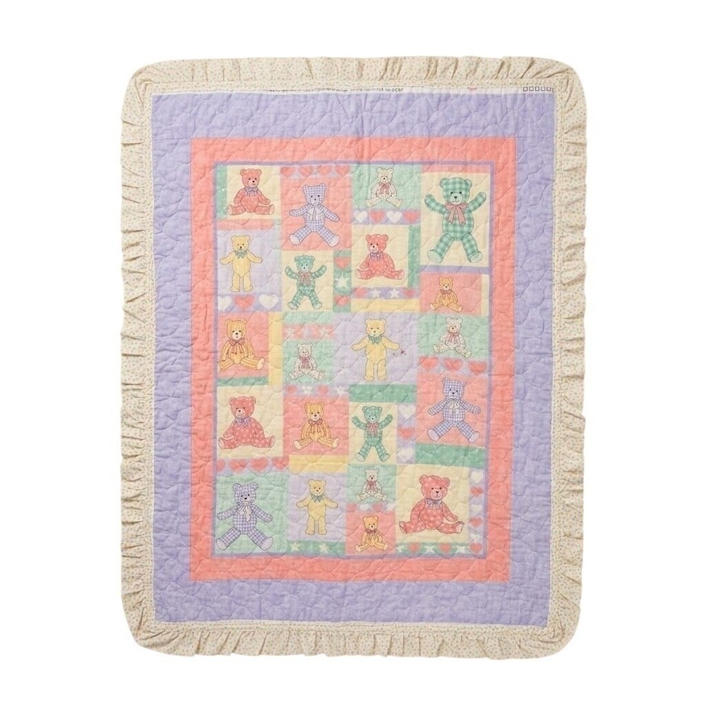 Vintage 90sTeddy Bear Quilted Baby Blanket Pastel Ruffle 47x36